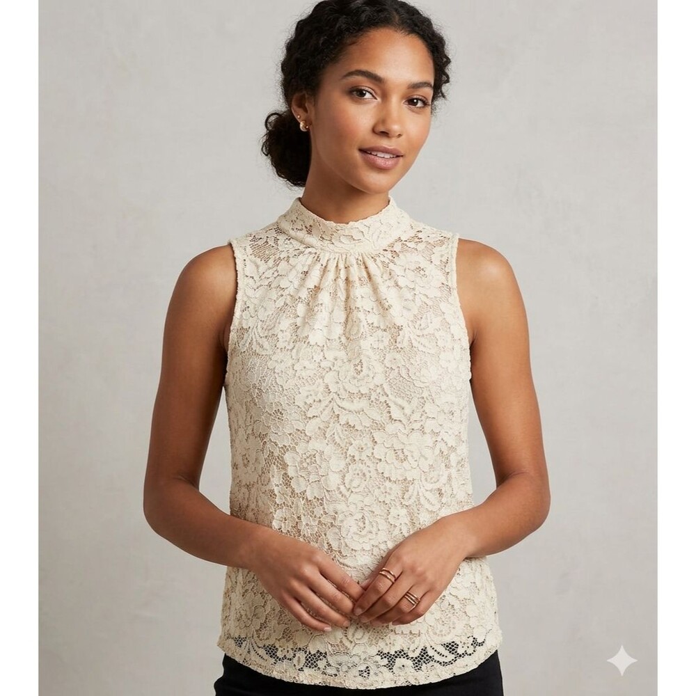 Who What Wear Women’s Sleeveless Lace Top Size M Cream High Neck Blouse - Picture 2 of 10